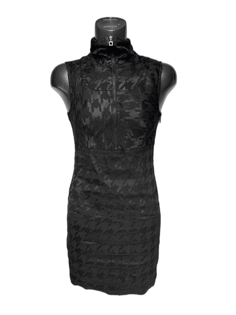 SARAH PACINI Houndstooth Sleeveless High Neck Metallic Weave Black Dress 0